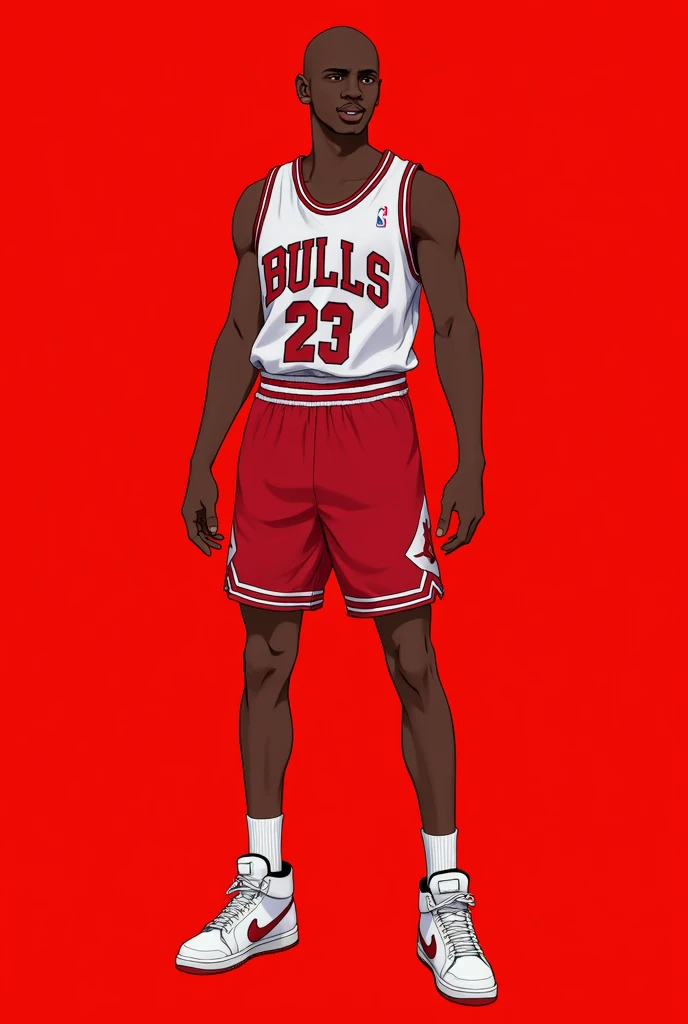 basketball, basketball_uniform, 1boy, shorts, male_focus, solo, sportswear, shoes, nike, dark-skinned_male, red_shorts, sneakers, bald, dark_skin, red_background, white_footwear, full_body, Michael Jordan