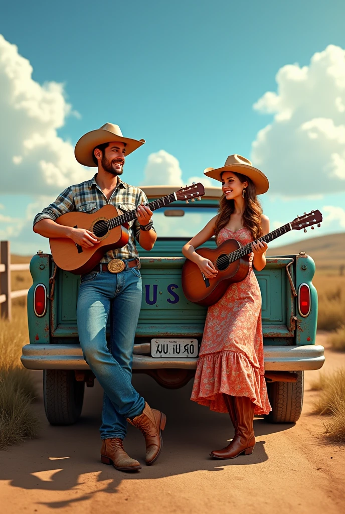 A country music duo showing off and in a pickup truck