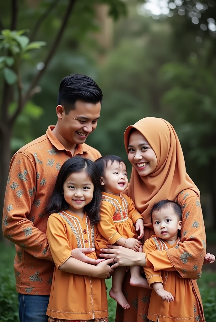 "A photo of a complete Indonesian family, taken with an advanced camera. The family includes a 30-year-old father, a 29-year-old mother wearing a hijab, a 12-year-old son, two daughters aged 8 and 4, and a 10-month-old baby. The photo captures a joyful and warm moment together."