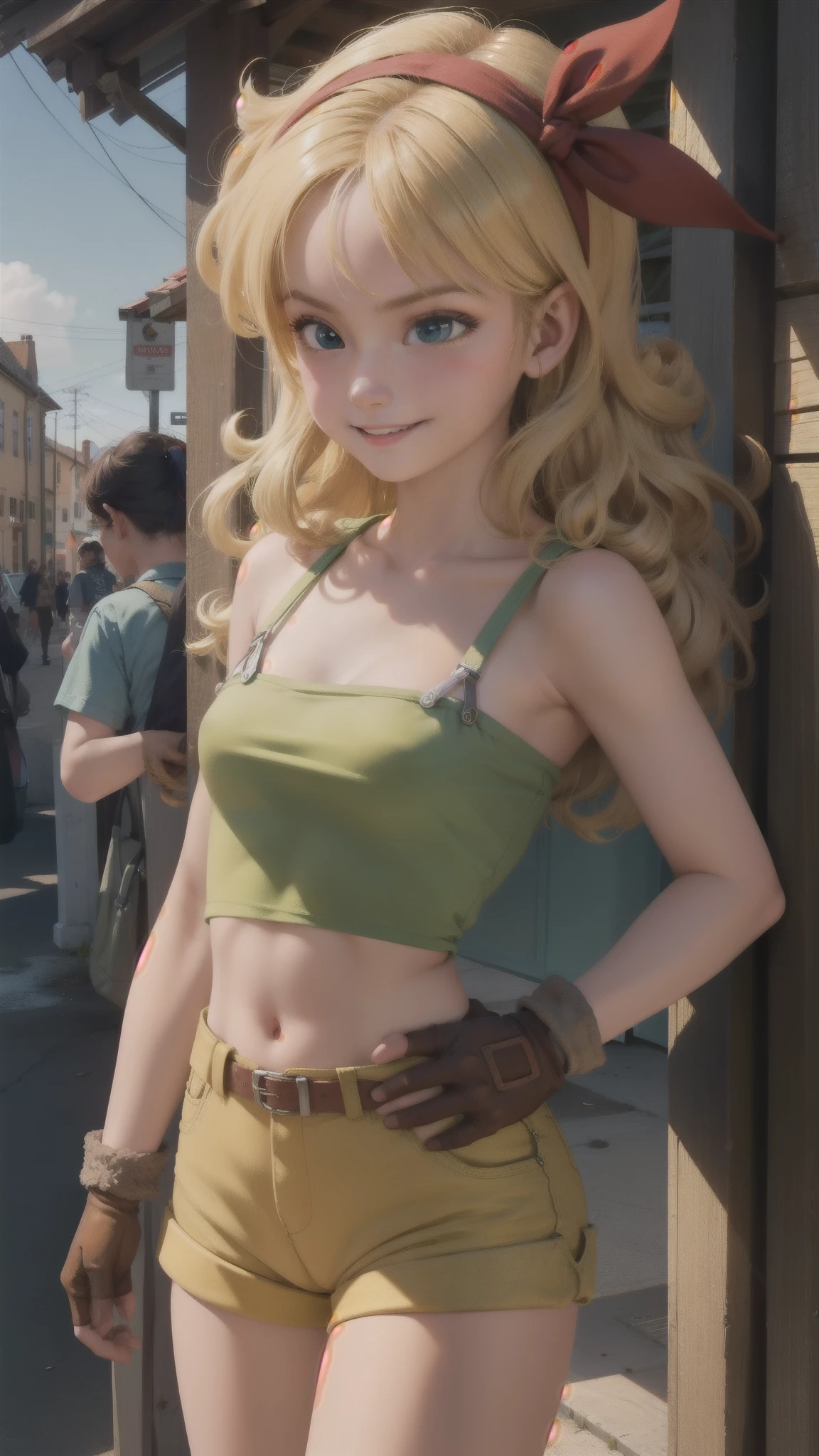 hair blonde_BadLaunch_ownwaifu, 1 girl, long hair, hair blonde,  curly hair, hair ribbon, blue colored eyes, medium breasts, red hair band, eyelash, bangss, 
green shirt,  yellow shorts, top cut, tummy, gloves fingerless, neckleace, bared shoulders, へそ, short shorts, clavicle, regatta, waist belt, brown gloves,
Evil smile, trunk,
forst,open air,
(insanely detaileda, beautifull detailed face, work of art, best qualityer) cinematic lighting,