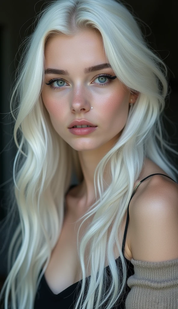 Full lenght, white hair, narrow face, grey eyes, girl, 18 years old, slim figure, almond-shaped eyes, button nose, full lips, european appearance, ultra highly intricate detailed, black eyeliner, summer dress, over knee boots, professional photography, ultra sharp focus, very beautiful