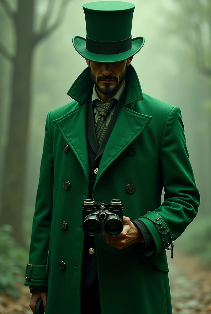 Homem misterioso, with a green outfit, with a top hat on his head and binoculars