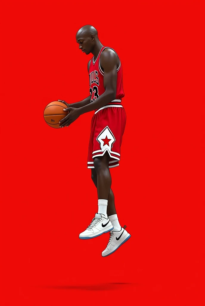 basketball, basketball_uniform, 1boy, shorts, male_focus, solo, sportswear, shoes, nike, dark-skinned_male, red_shorts, sneakers, bald, dark_skin, red_background, white_footwear, full_body, Michael Jordan, dunk moment