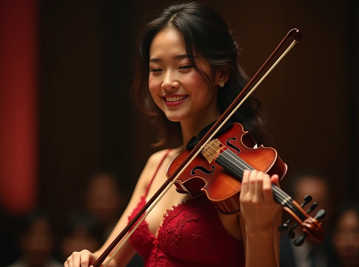 (masterpiece, high resolution, high detail, best quality), ultra detailed, 16k, photograph, cinematic lighting, the most beautiful face in the world, perfect face, highly detailed beautiful face and eyes, delicate facial features, shiny skin, highly detailed background, elaborately designed clothes, BREAK, (gorgeous and stunning Japanese woman playing the violin at a concert venue), Stradivarius, (Crimson sleeveless dress), curvy, (Wavy Hair), the incarnation of beauty, goddess of beauty, perfect make-up, light smile, deeply in love, full of elegance.