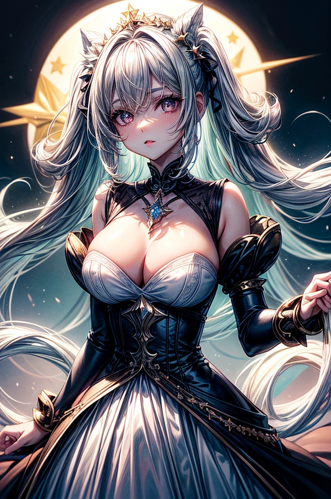 ((best quality)), ((masterpiece)), (detailed), beautiful young woman, royal and well defined facial features, alabaster white skin, oval shaped face, starry pink lips, starry pupiled eyes( 8 pointed star pupils), sleek and wavy two tone astral colored hair(moonlight blue, silver), twintails, slim thick, athletic build, D-cup , slim waist, large round , short height(165cm), modern royal fantasy setting, elegant battle dress