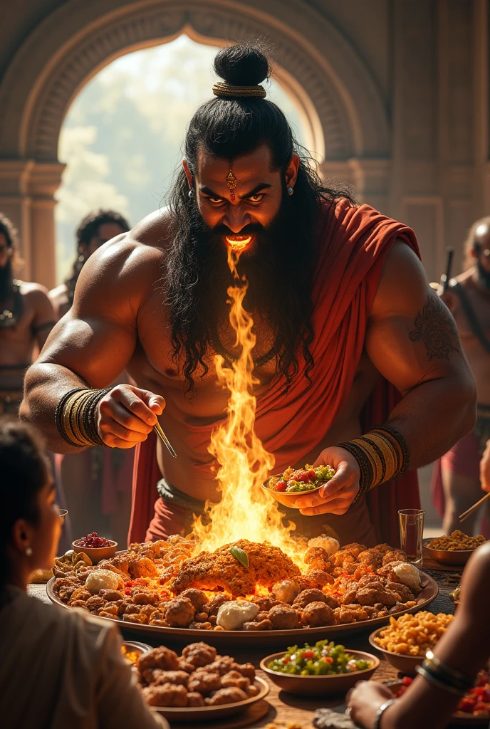 After the games, Bhima returns home and is seen devouring a large amount of food. The scene shows his enormous appetite, surprising everyone around him.