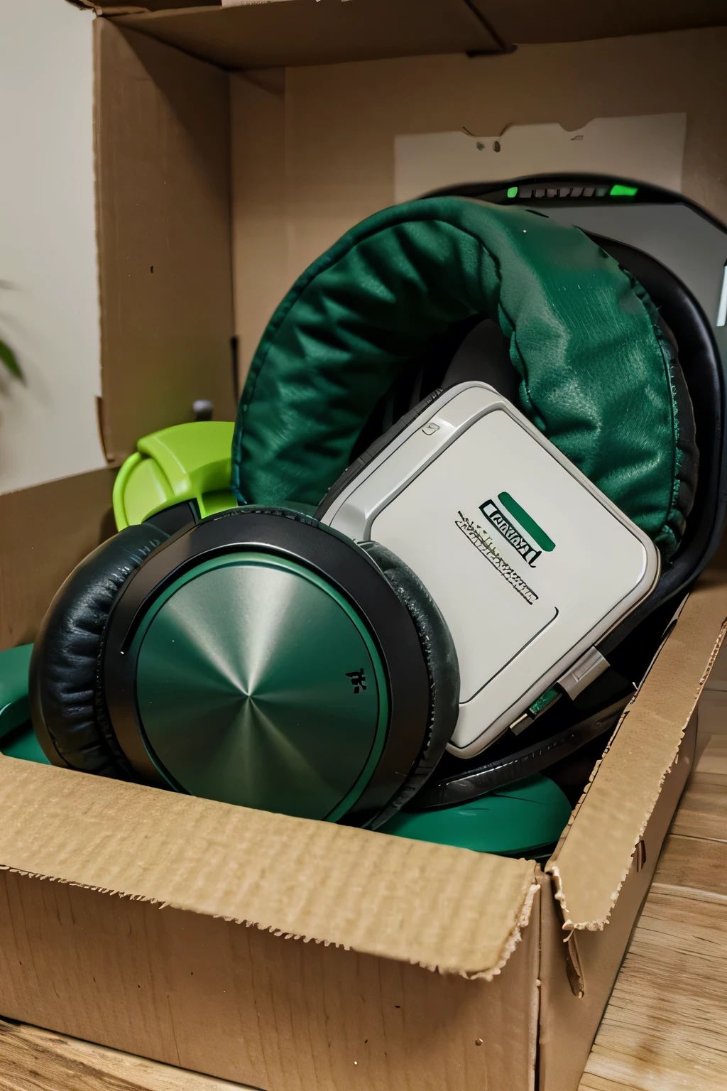 Green headphones stored in a box a little damaged