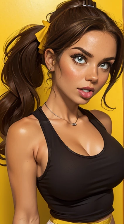 (masterpiece, Best Quality:1.4), portrait only, female, women,  wavy brown hair and ponytail.  torn clothes. (Yellow Summer Tank Top), damaged clothes, neckline, big breasts, exposed.  She looks at the camera and sticks out her tongue provocatively.. 