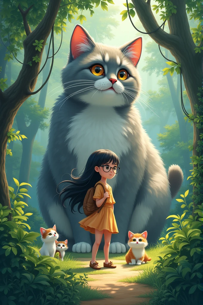 25 year old girl with black hair and eyes with glasses in the jungle with a gray and white cat the size of a house behind her and other kittens around. Anime style doesn't have to be sexy, The girl has a calm and sweet personality