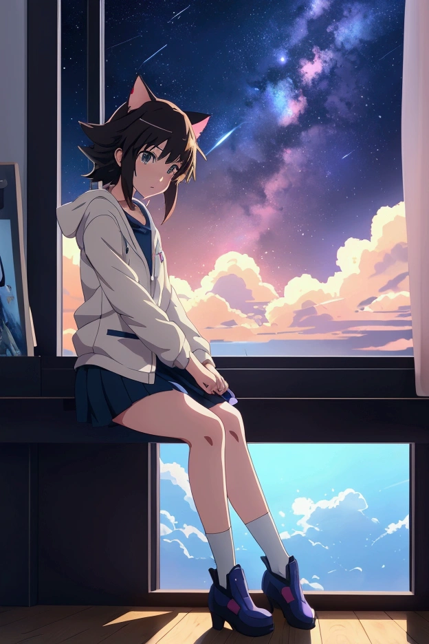 Anime cat-eared girl sitting on a shelf looking at the sky, anime drawings inspired by Makoto Shinkai, trending on pixiv, space art, Makoto Shinkai Cyril Roland, 4K anime wallpapers, anime art wallpaper 8 K, anime art wallpaper 4K, anime wallpaper 4K, anime wallpaper 4K, anime wallpaper 4K