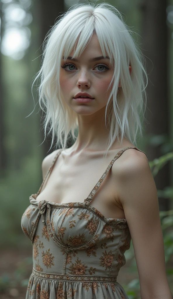 Full body, white hair, narrow face, grey eyes, girl, 18 years old, slim figure, almond-shaped eyes, button nose, full lips, european appearance, ultra highly intricate detailed, black eyeliner, summer dress, over knee boots, professional photography, ultra sharp focus, very beautiful