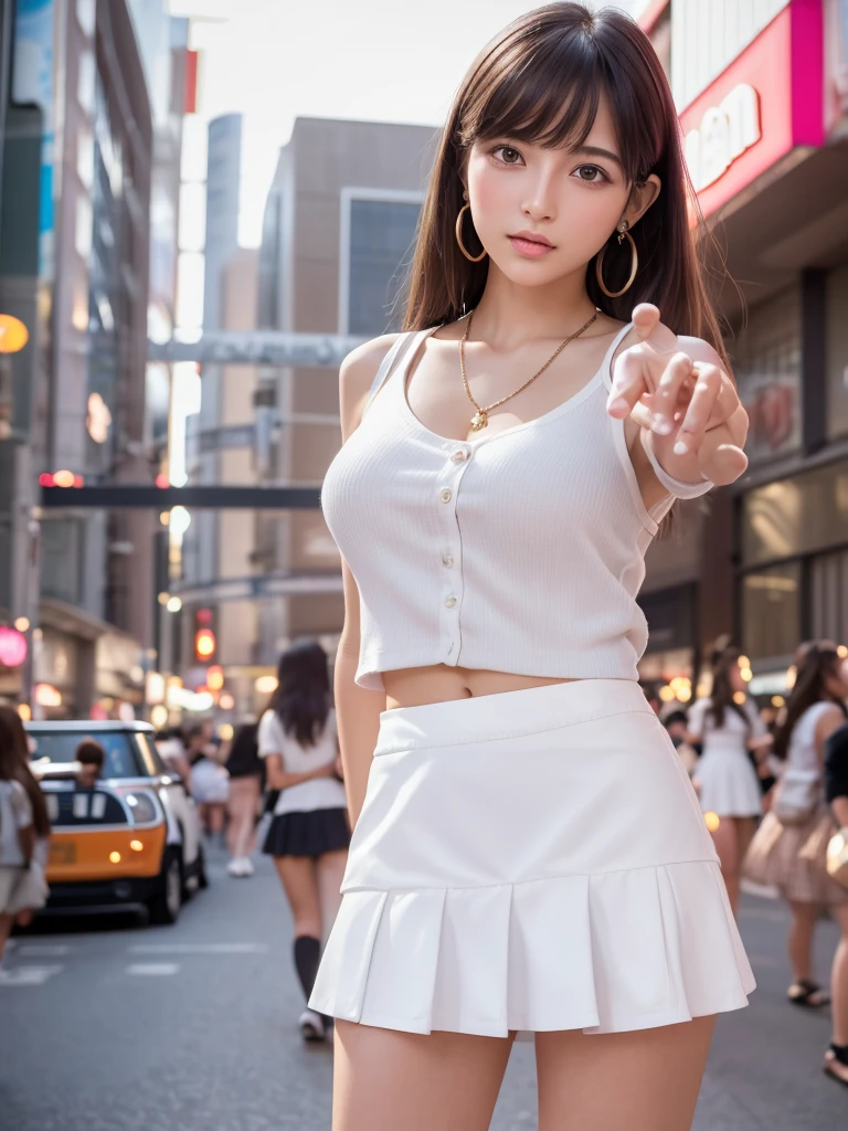 Product quality,1 girl,Cowboy Shot,Front view,Young and sexy Japanese girl,20-year-old,Harajuku,(Crowded street:1.4),Stylish pink shirt,wear,Fashionable bags,Fashionable necklaces,Fashionable earrings,((White super short micro mini skirt:1.5)),wear,Very cute face,Glossy Lips,Double eyelids on both eyes,(Natural Makeup),shiny smooth light brown long hair,,,Asymmetrical bangs,Center image,8k resolution,Attention to detail,Detailed hairstyle,Detailed face,Cinema Lighting,Octane Rendering,Ultra-realistic,Perfect limbs,(Detailed fingers:1.5),Beautiful legs,Voluptuous thighs,Huge breasts,Perfect Anatomy,(Model pose:1.3)