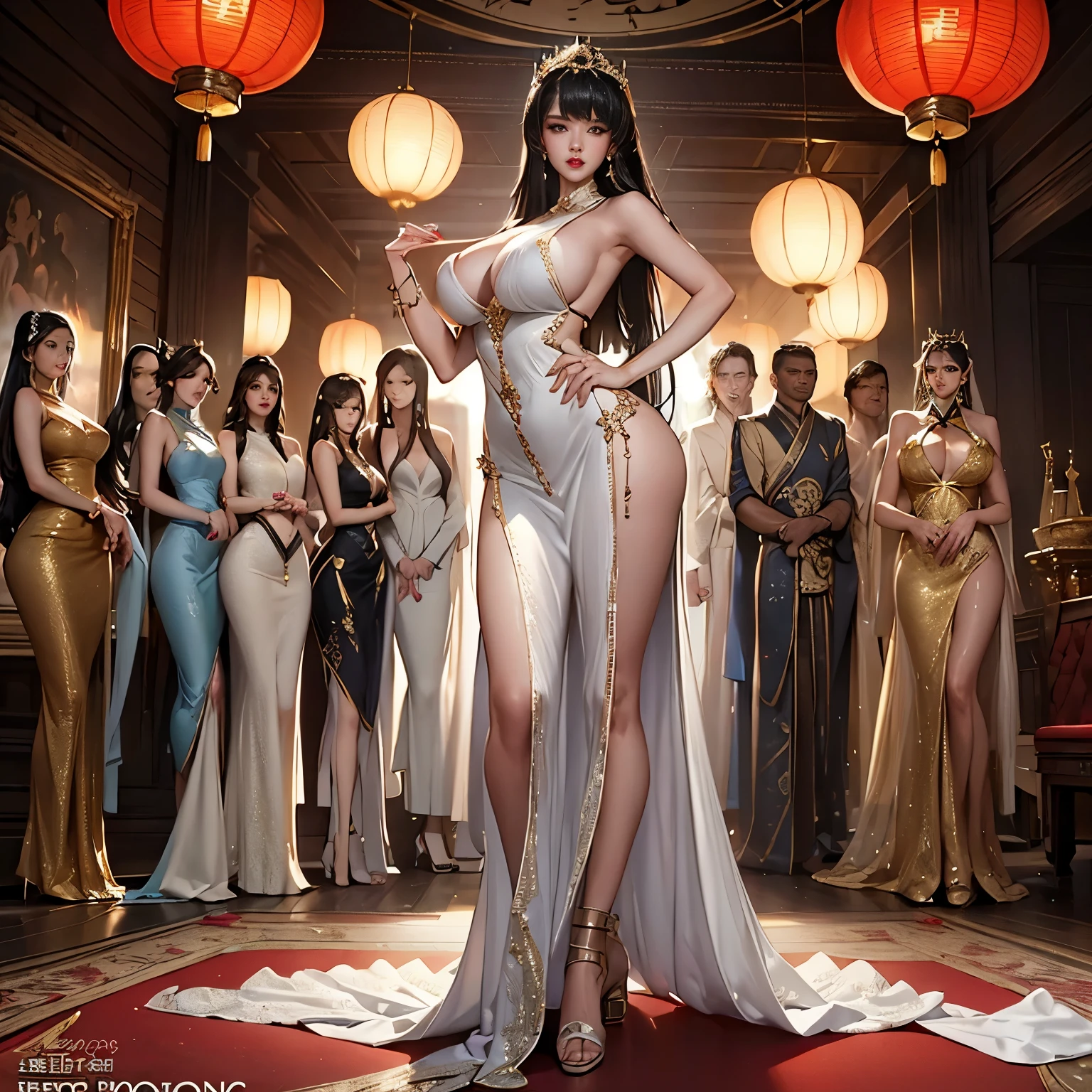 ((realistic)),(realistic shadow),((realistic skin texture)),(asian Chinese beautiful face),((Chinese sexy face)),((Chinese very sexy model)),((masterpiece)), (detailed),(perfect face),(big boob),(very exotic sling high Cut dress),((big booty)),((very sexy pose)),((very sexy outfit)),((very exotic outfit)),((full body)),((thin)),((very sexy long legs)),((beautiful legs)),(slim),skinny,((very sexy shiny high heels)),((seduce)),((long hair many color)),((very hot young teen)),((shiny color full tight sexy long dress)),(tiny g-string),(many color long hair),((nipple slip)),((boob flash)),((tits slip)),((lace tights)),((sexy bracelets)),((luxury necklace)),((boob slip)),((show tits)),((sexy tight sling long dress)),((exotic sling dress)),((exotic high cut long dress)),((miss grand thailand 2022)),((teasing eyes)),((seduce eyes)),(sexy see though long dress),(sexy lace long dress),((group picture)),(group elegant pose), (pureerosface_v1:0.3),