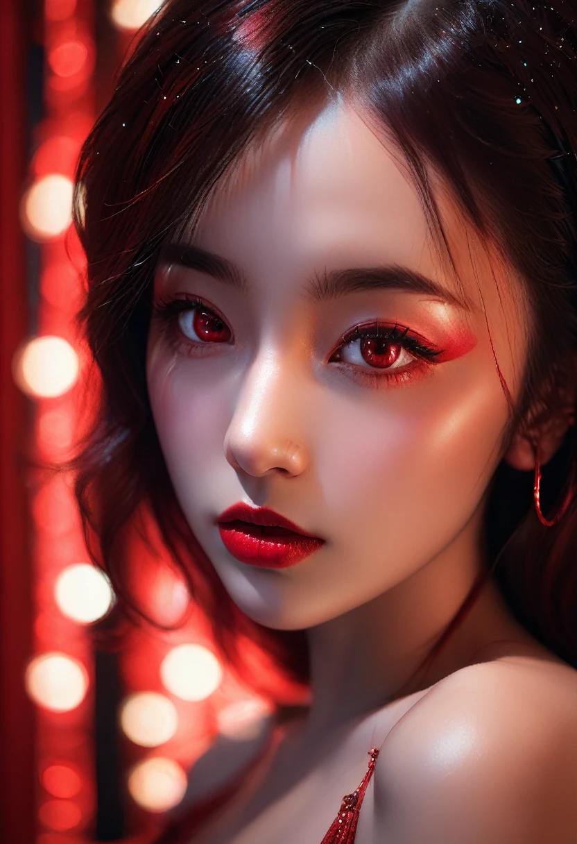 Perfection, photograph of ((stunningly attractive)) woman, half human, she is connected at some devices, connected, (((Vixen))), black and red, ((feminine)), (perfect round eyes), detailed skin, (gorgeous hair), sparkles, DOF, subsurface scattering, glow, amazing composition, 8k, highly detailed, art, artistic, sharp focus, highly detailed, luminous, creamy bokeh, intimate, enchanting, natural beauty, poetic, 35mm,