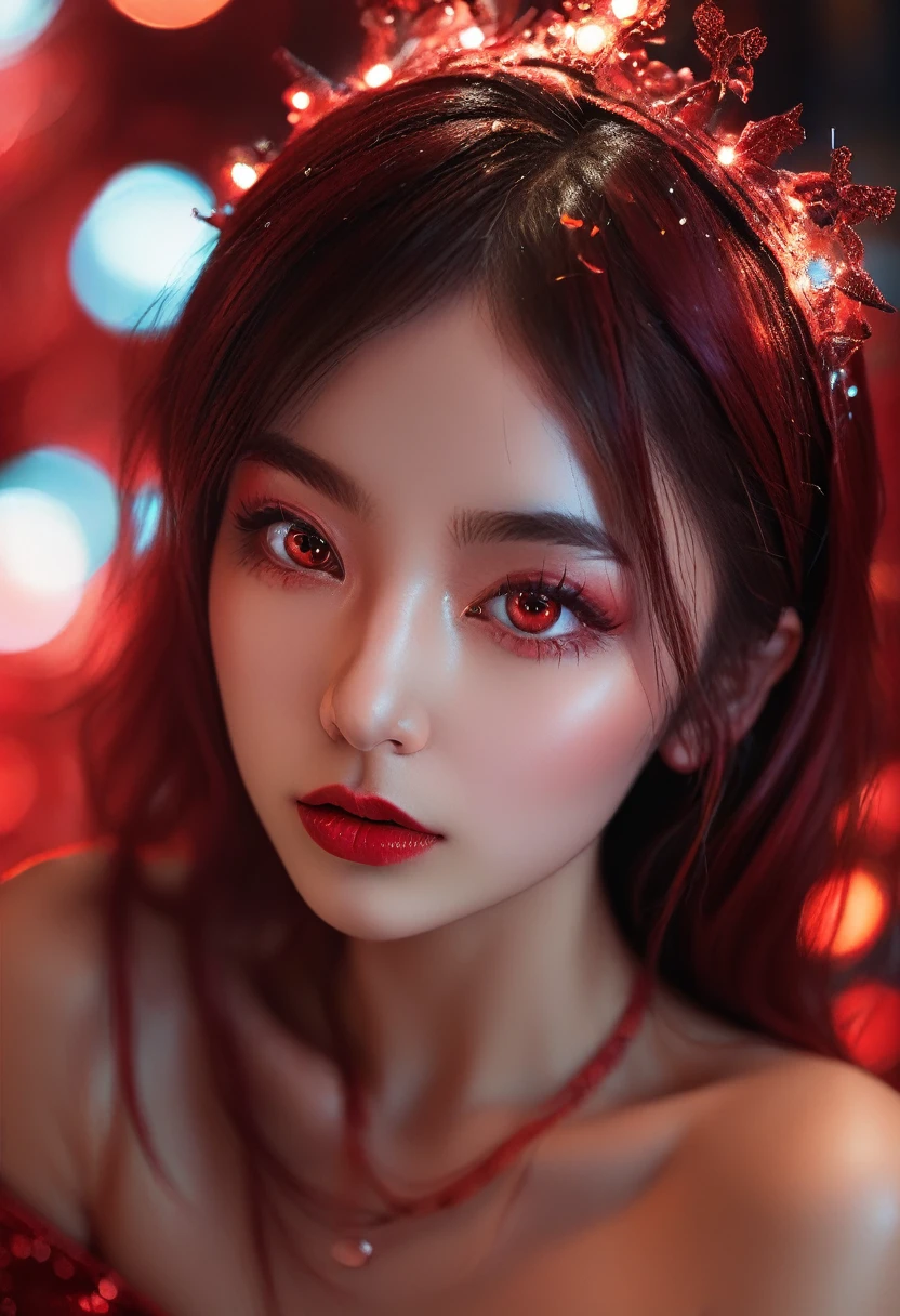 Perfection, photograph of ((stunningly attractive)) woman, half human, she is connected at some devices, connected, (((Vixen))), black and red, ((feminine)), (perfect round eyes), detailed skin, (gorgeous hair), sparkles, DOF, subsurface scattering, glow, amazing composition, 8k, highly detailed, art, artistic, sharp focus, highly detailed, luminous, creamy bokeh, intimate, enchanting, natural beauty, poetic, 35mm,