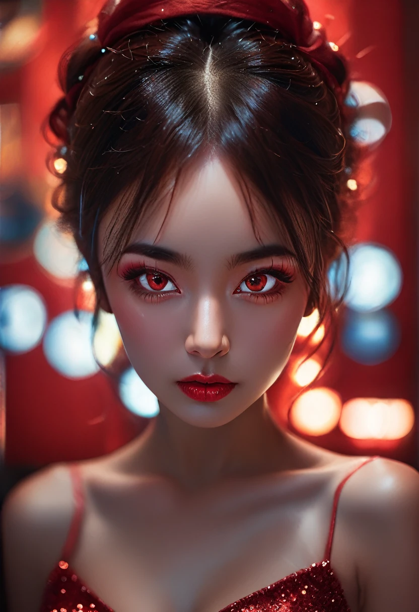 Perfection, photograph of ((stunningly attractive)) woman, half human, she is connected at some devices, connected, (((Vixen))), black and red, ((feminine)), (perfect round eyes), detailed skin, (gorgeous hair), sparkles, DOF, subsurface scattering, glow, amazing composition, 8k, highly detailed, art, artistic, sharp focus, highly detailed, luminous, creamy bokeh, intimate, enchanting, natural beauty, poetic, 35mm,