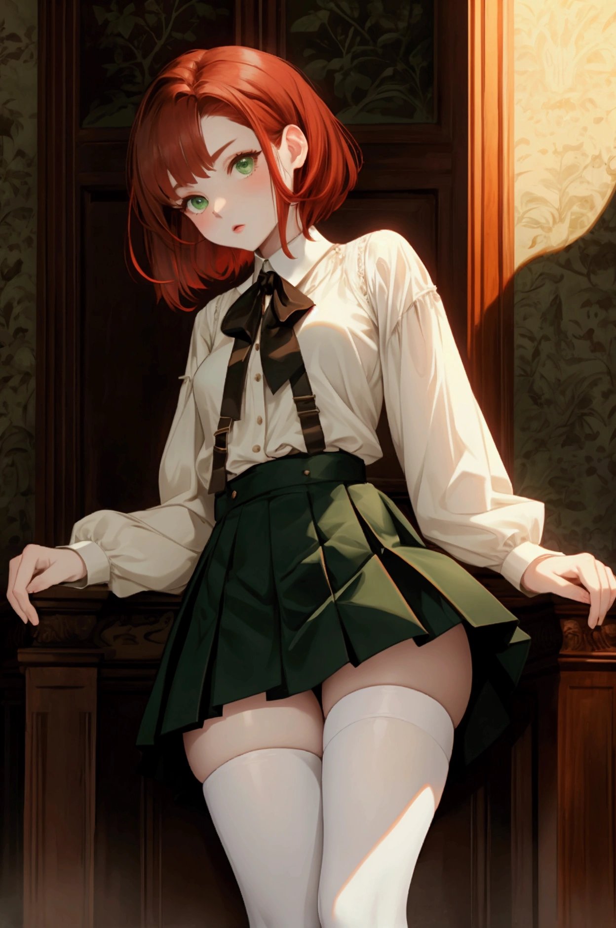 She is a short women with brown and red hair with pale green eyes. She has a white blouse on with a black short skirt and stockings.*