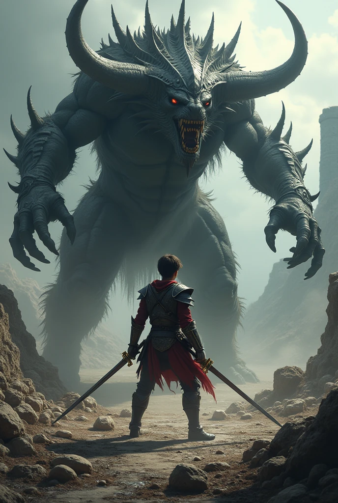 create an image of a 17-year-old adventurer in the medieval era in the middle of a battle against a humanoid monster his size