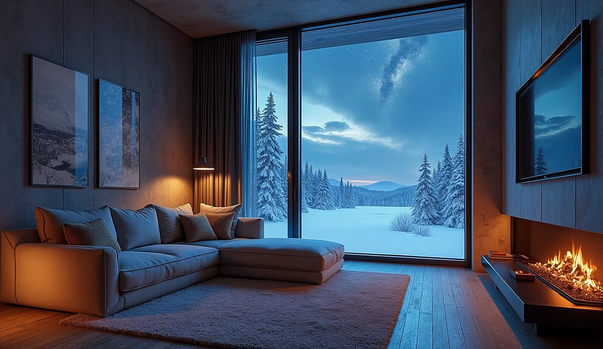 salon avec vue nocturne ou ciel nocturne, dans le style de Frostpunk, Thom Mayne, maximalisme, richement en couches, 32k euh, cabinecore, conception méticuleuse
