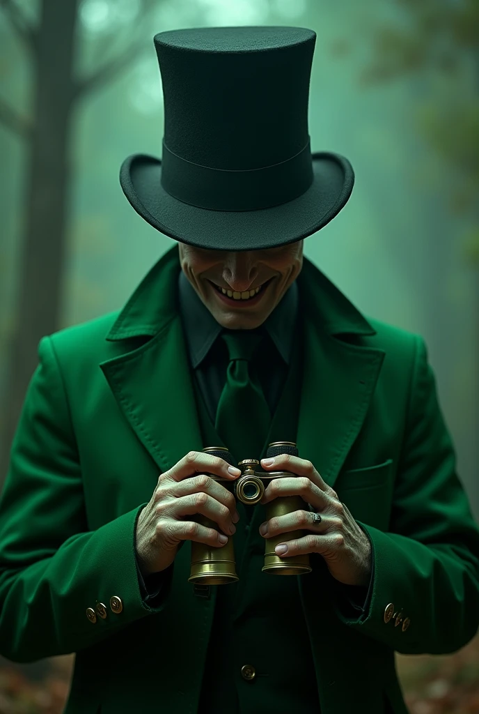 Homem misterioso, with scary smile, with a green outfit, with a top hat on his head and using binoculars