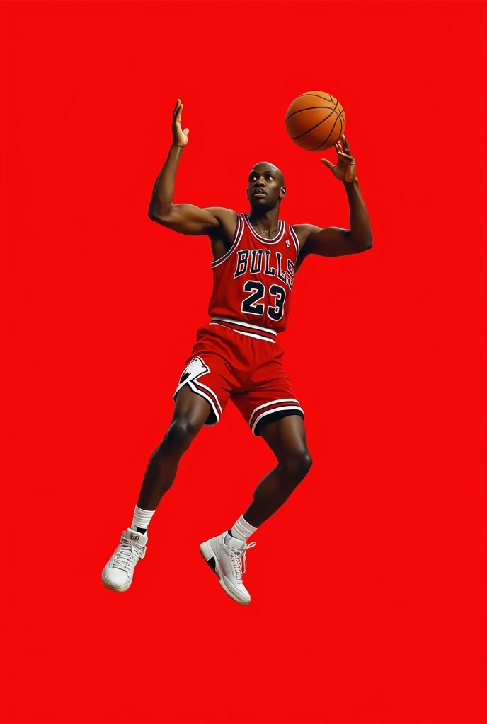 basketball, basketball_uniform, 1boy, shorts, male_focus, solo, sportswear, shoes, nike, dark-skinned_male, red_shorts, sneakers, bald, dark_skin, red_background, white_footwear, full_body, Michael Jordan, dunking moment