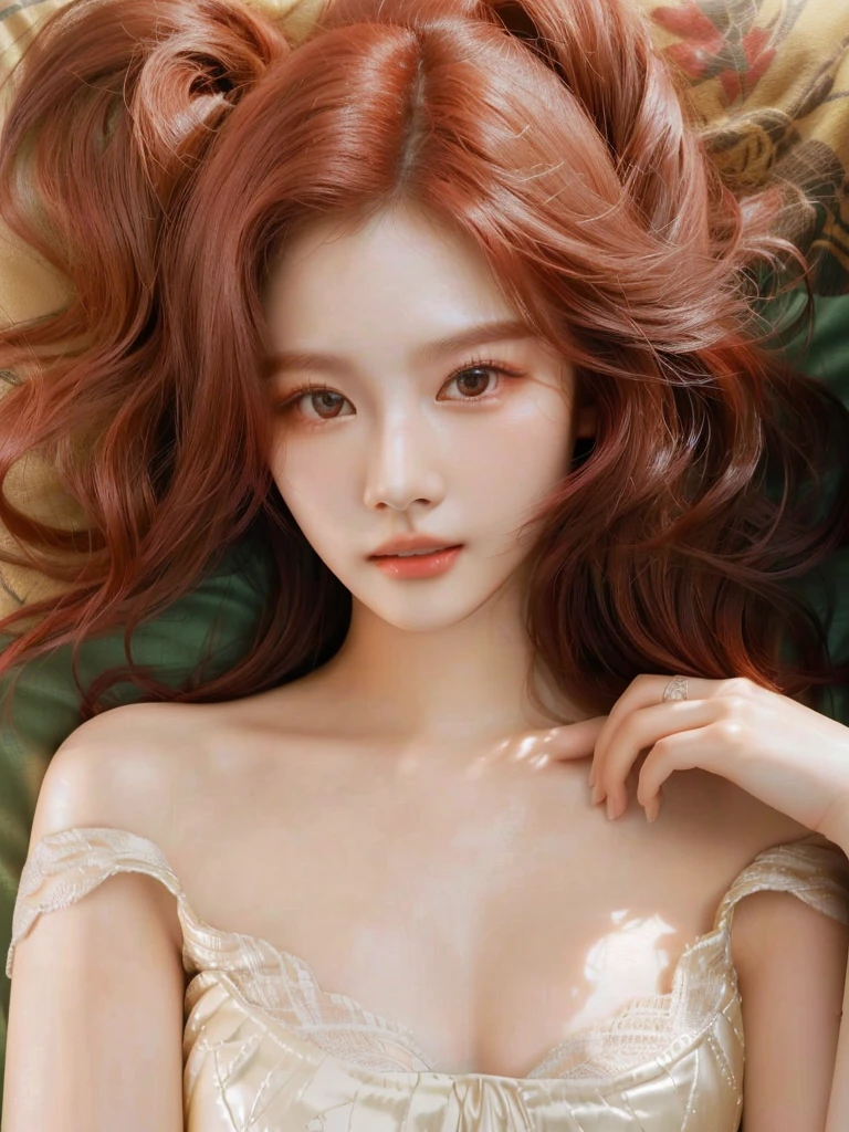 a close up of a woman with DARK hair laying on a bed, inspired by Yanjun Cheng, ig model | artgerm, realistic. cheng yi, by Russell Dongjun Lu, ethereal beauty, red hair and attractive features, DARK head, red haired goddess, yanjun chengt, redhead girl, wlop loish and clamp style, soft dark hair,  Face Korean, Korean Woman, Korean Fem, K-pop group, K-pop Twice, Twice, Sana, Sana Face, Sana Twice, Minatozaki sana, Sana K-pop, dark hair, Woman with beautiful Black hair