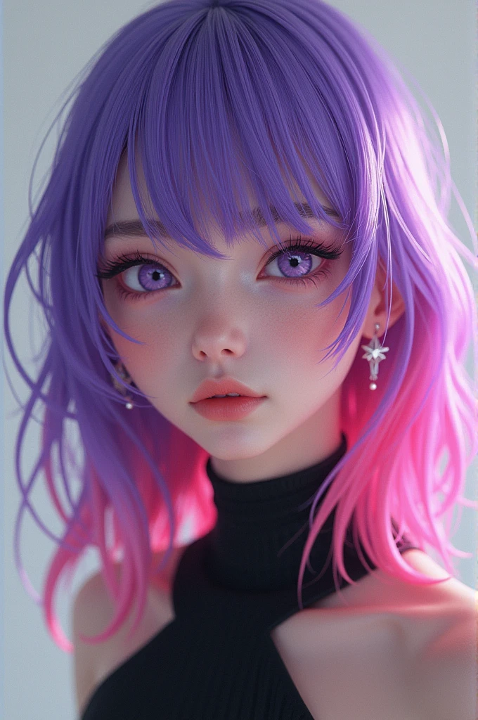 man, purple haired, and has pink strands of hair at the ends of her hair