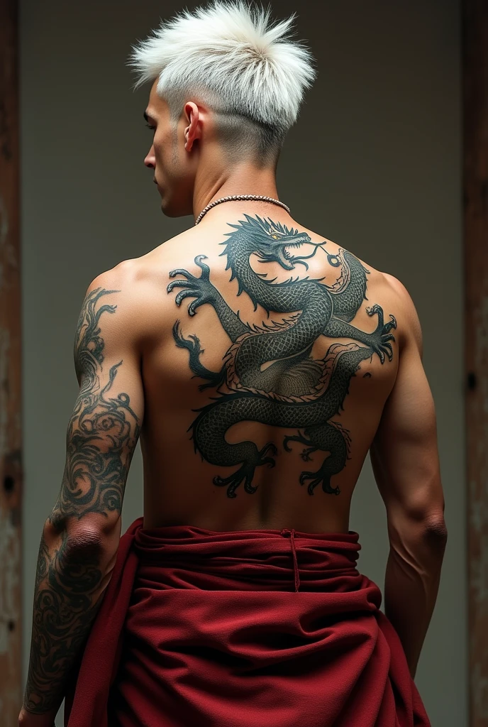 White hair man, short hair monk turned back with dragon tattoo on back