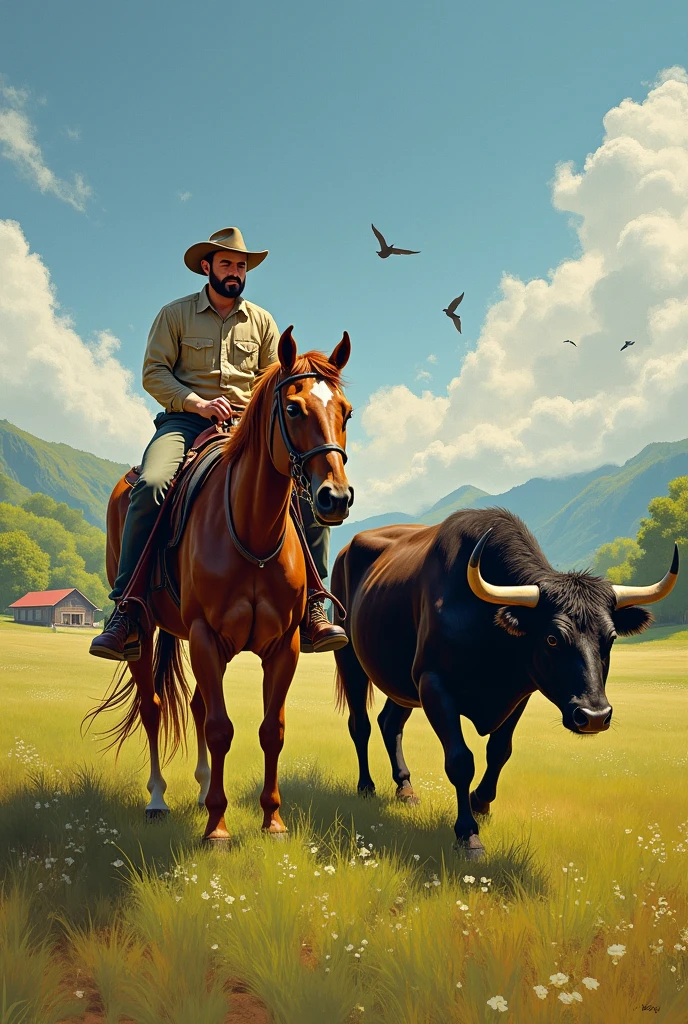 A man riding a horse next to a bull in the field