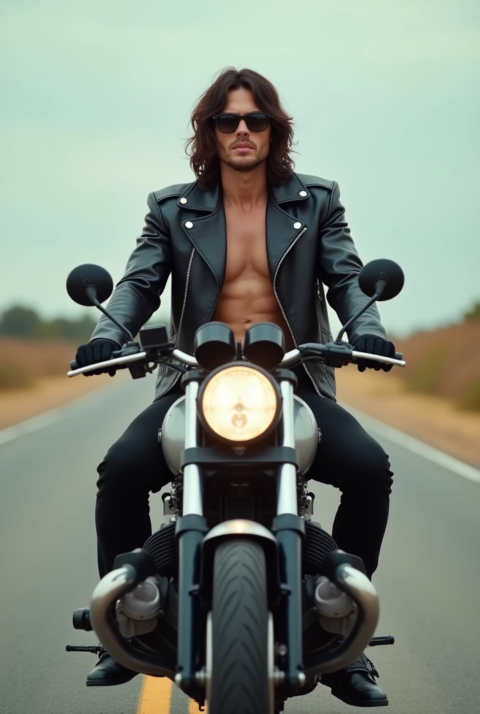 Tom Welling in the foreground sitting on a BMW motorcycle with a rocker outfit showing his well-defined abdomen on a hyper-realistic empty road