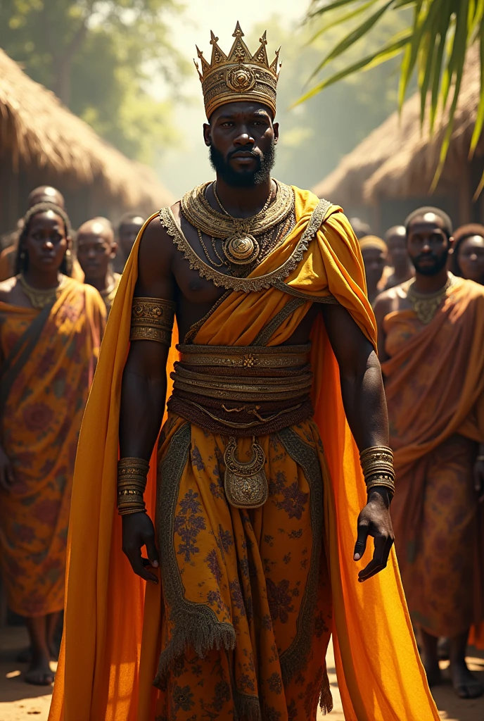 A Yoruba king coming to sit on the chair while the gathering of the village are watching him coming