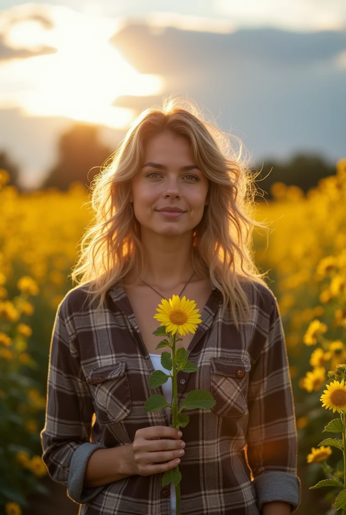 blonder woman , lightbrown eyes, with a plaid shirt holding a yellow flower in his hand, 4K quality, 8k, photo realist, Carolina Gariba, top quality photo, fernanda suarez, fot, powder Nándor Katona, she is about 30 years old. She is walking through the jasmine field with partly cloudy sky and sun rays piercing through the clouds