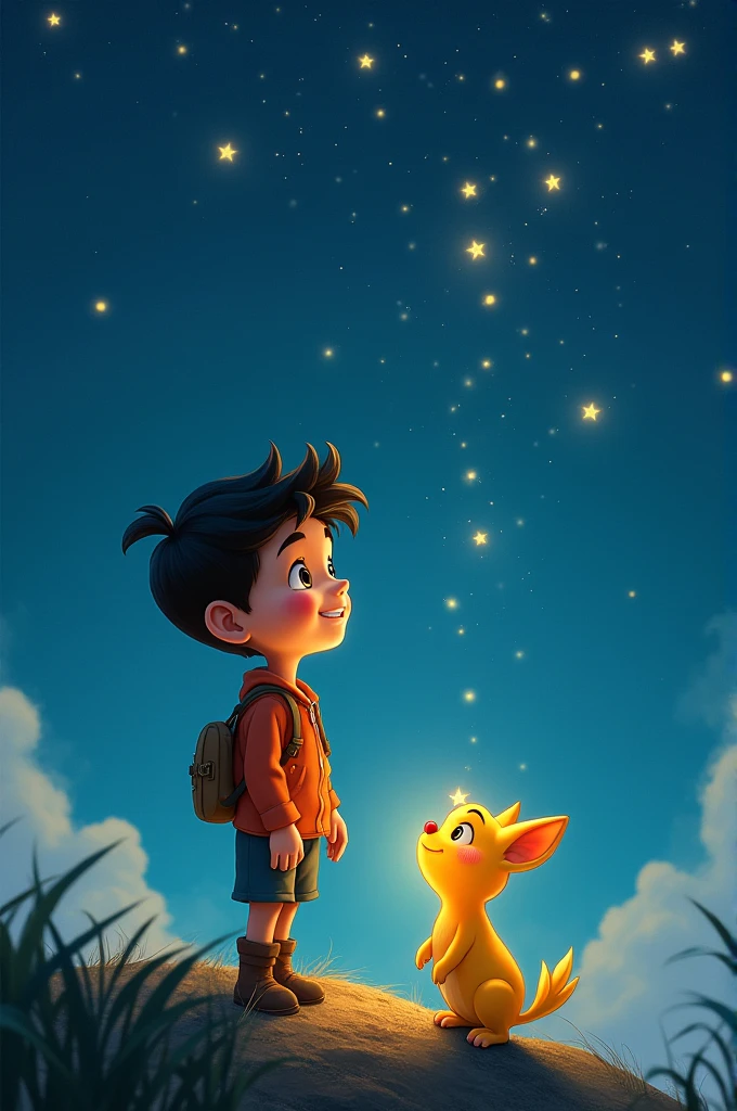 Make a cartoon movie cover with name "The boy and the little star"  All in Portuguese 