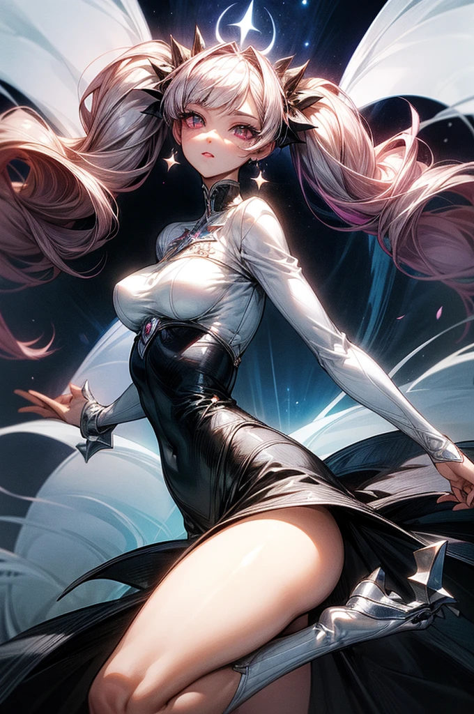 ((best quality)), ((masterpiece)), (detailed), beautiful young woman, royal and well defined facial features, alabaster white skin, oval shaped face, starry pink lips, starry pupiled eyes( 8 pointed star pupils), sleek and wavy two tone astral colored hair(moonlight blue, silver), twintails, slim thick, athletic build, D-cup breasts, slim waist, large round ass, short height(165cm), modern royal fantasy setting, elegant battle dress