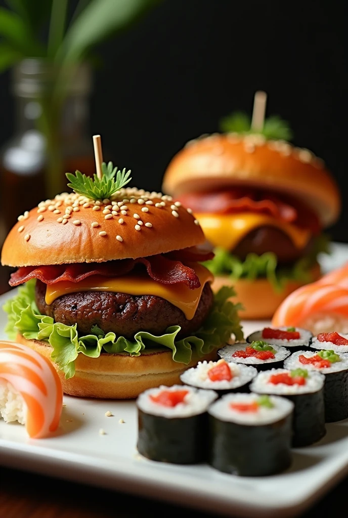 2 burgers with only cheese and bacon along with 10 sushi cuts