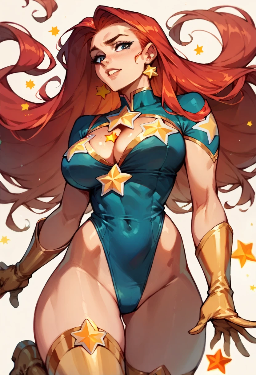 masterpiece, Sexy, Superheroine, Red hair, long hair, busty, ((blue highleg leotard with a t-back thong and a gold star insignia on chest)), gold boots, gold gloves, ((Cleavage Cutout))