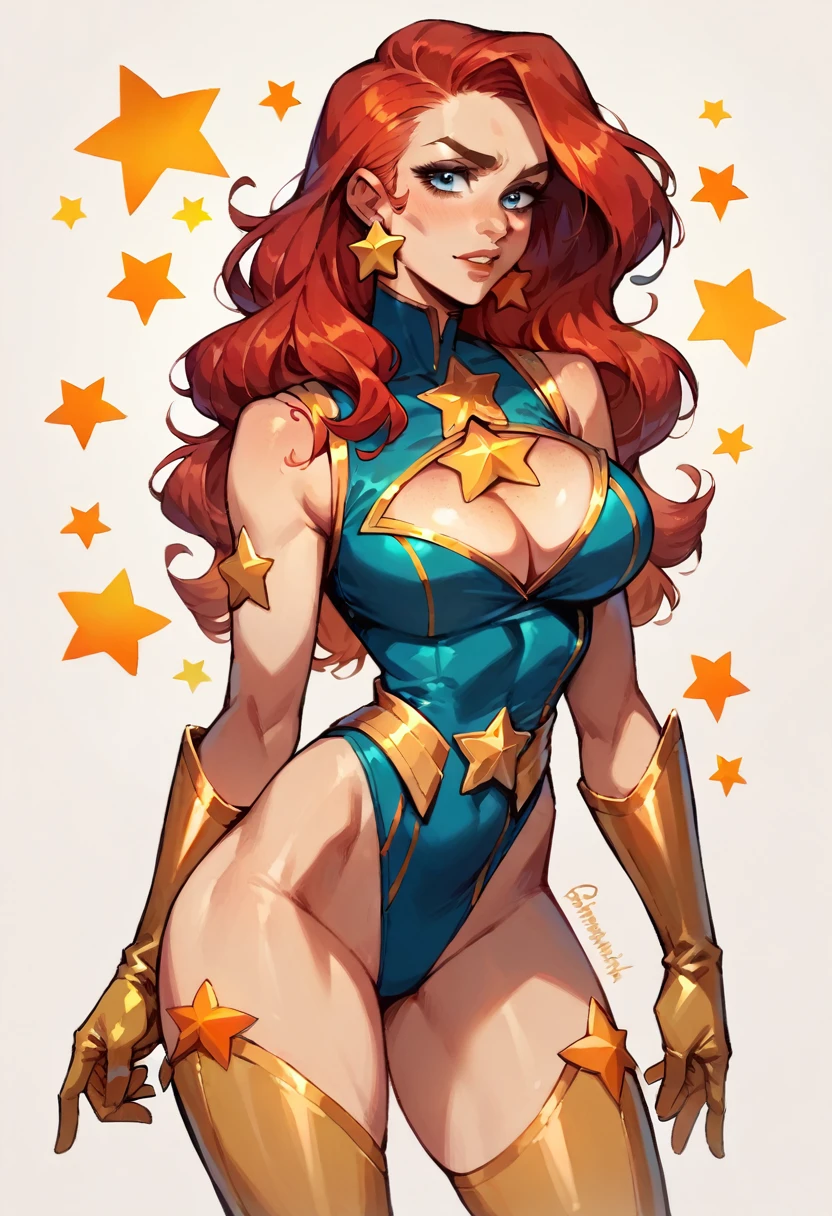 masterpiece, Sexy, Superheroine, Red hair, long hair, busty, ((blue highleg leotard with a t-back thong and a gold star insignia on chest)), gold boots, gold gloves, ((Cleavage Cutout))