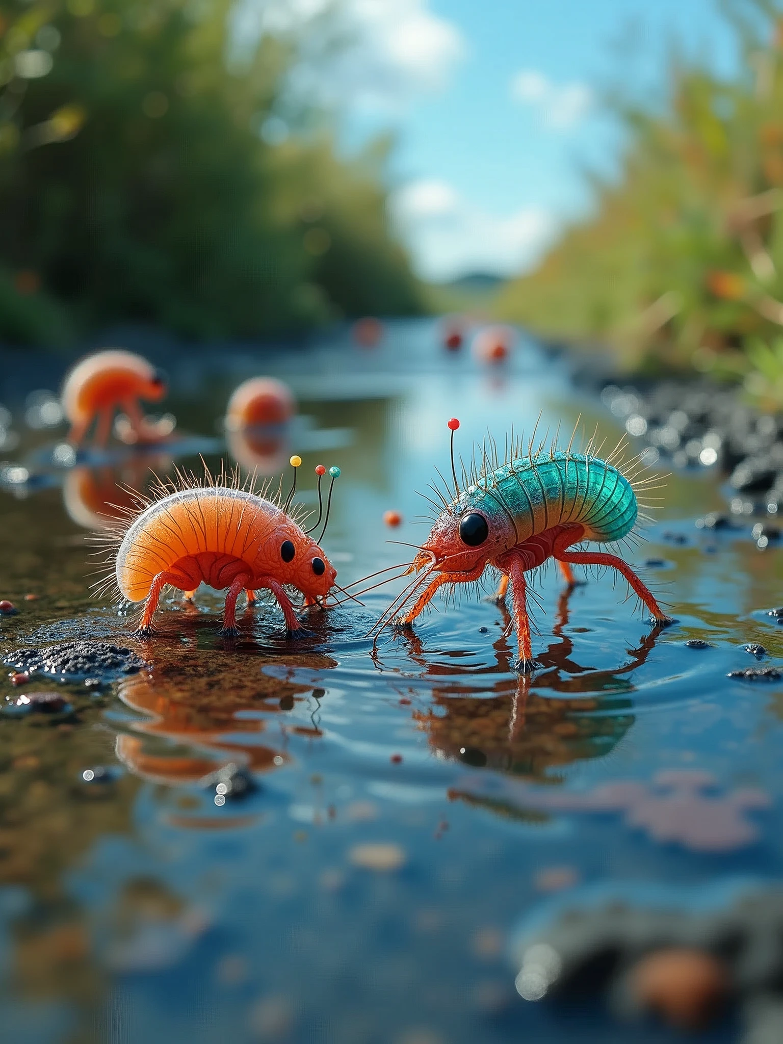 colorful, highly detailed macro shot of the complicated life in a puddle