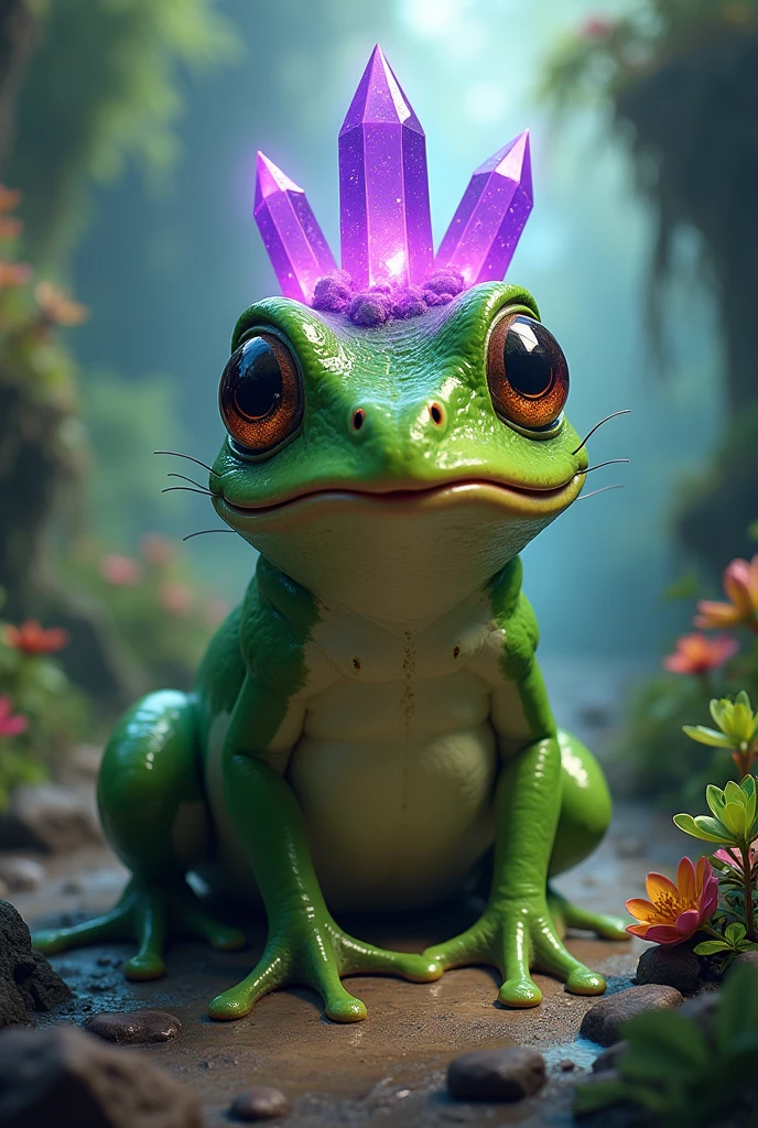 Green humanoid frog with purple crystals on top of its head and three eyes