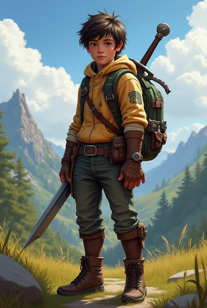 create an image of a adventurer with a sword behind him