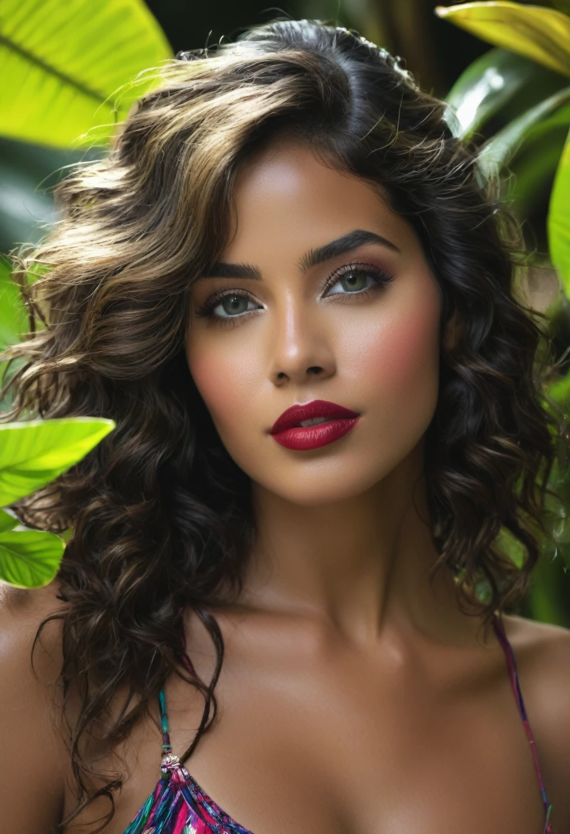 Une belle jeune femme d'origine colombienne pourrait avoir une allure captivante avec des traits marqués par la diversité culturelle du pays. Elle aurait une peau légèrement bronzée, douce et éclatante, reflétant la chaleur du climat tropical. Ses cheveux seraient longs, épais et ondulés, d'un noir profond, tombant en cascades sur ses épaules. Son visage, aux traits bien définis, arborerait des pommettes hautes, un nez fin et droit, et une bouche pulpeuse avec des lèvres pleines et sensuelles, d'un rouge naturel.
Ses yeux seraient grands et expressifs, de couleur marron foncé ou noisette, encadrés par des cils longs et épais, ce qui lui donnerait un regard envoûtant. Son corps serait voluptueux, avec des formes généreuses et harmonieuses : une poitrine pleine et ferme, une taille fine qui mettrait en valeur ses hanches larges et ses cuisses galbées. Sa silhouette en sablier serait parfaitement proportionnée, avec un port de tête élégant et une démarche gracieuse, qui soulignerait sa confiance en elle et son charme irrésistible.
La fille devra avoir un visage tres realiste on pourrais la confondre avec une vrai personne et elle serais dans sa salle de bain