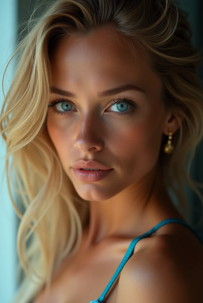 a beautiful young russian woman with striking blue eyes, wearing a tiny bikini, detailed face and eyes, high quality, photorealistic, hyper detailed, cinematic lighting, vibrant colors, intricate details, realistic skin textures, glamorous, elegant, sensual, cinematic composition, dramatic lighting