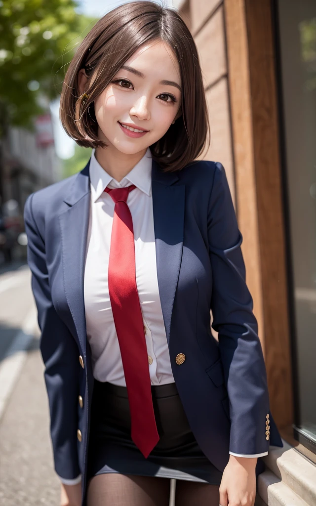 girl, Hyper Realistic, masterpiece, smile, portrait, bobhair, skirt suit, dress shirt, red necktie, blazer, pantyhose