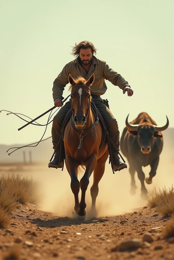A man on horseback running in front of a bull in the barren field