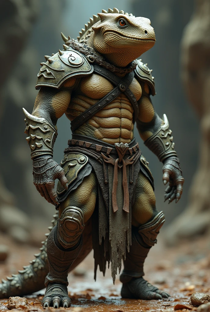 Create a warrior-style man with a lizard, new species mutated into man, with a face similar to that of a man, ears,boca,nose ,eyes lizard skin strong character kind and a little rough,with warrior armor but with the properties of the skin of a lizard leiolepis rigovantrii. 