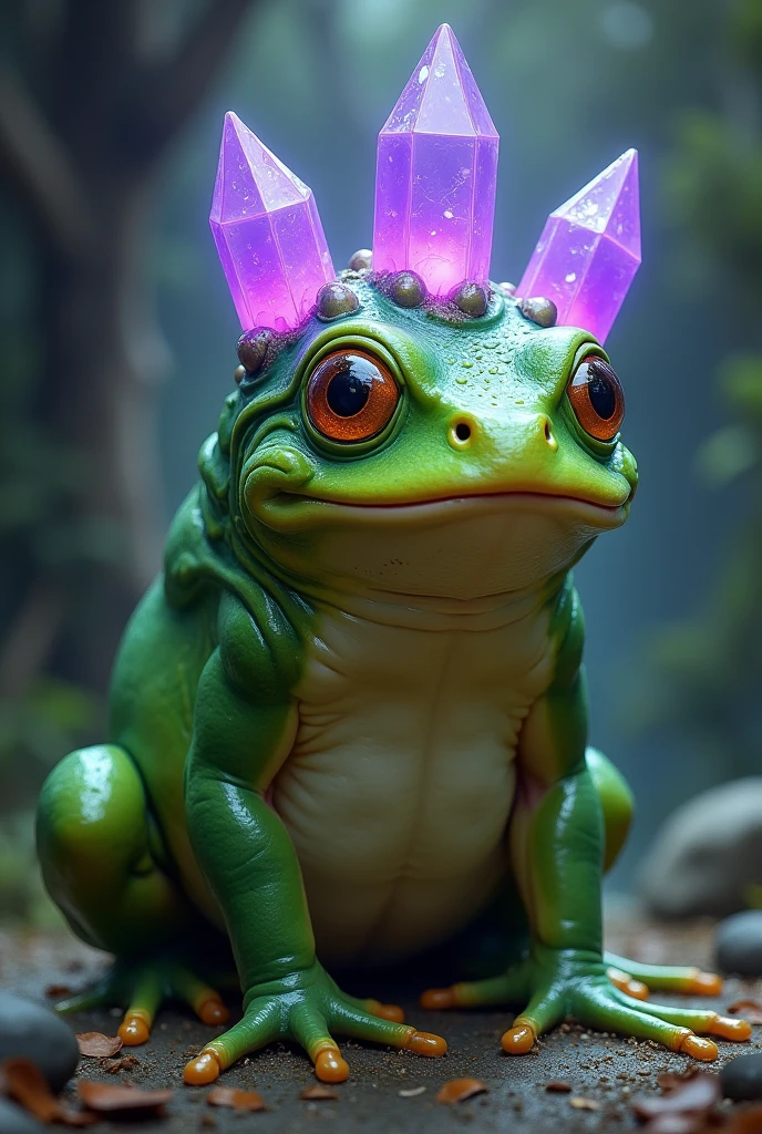 Green humanoid frog with purple crystals on top of its head and three eyes