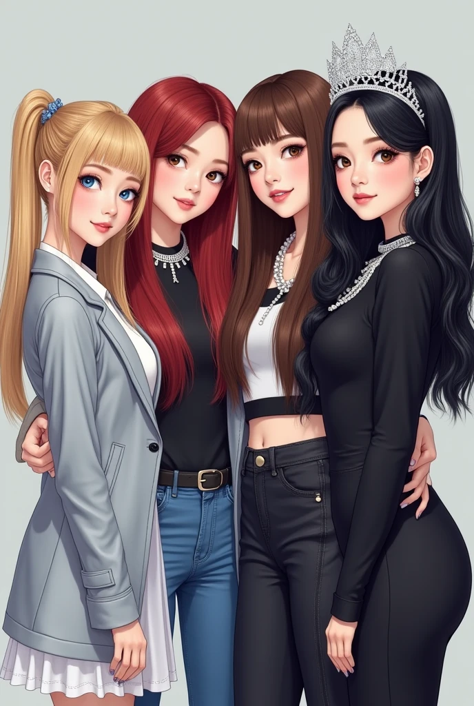 Make a k-pop group with 4 members, one is called Lana-Ji, she has straight blonde hair with two ponytails, the outfit is a white skirt a white shirt and a silver coat, a outra se chama Lindsey Xay, she has straight red hair with bangs, she wears blue jeans, a black long sleeved shirt, the other one is called Chloe, wavy brown hair, wears a white and black tiara, a black and white crop top, and black pants, of ultima se chama Yuna-Fride, slicked black hair, a very pretty black dress, and a white necklace.