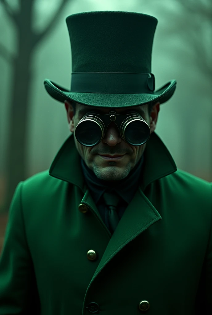 Homem misterioso, with scary smile, with a green outfit, with a top hat on his head and binoculars in his eyes