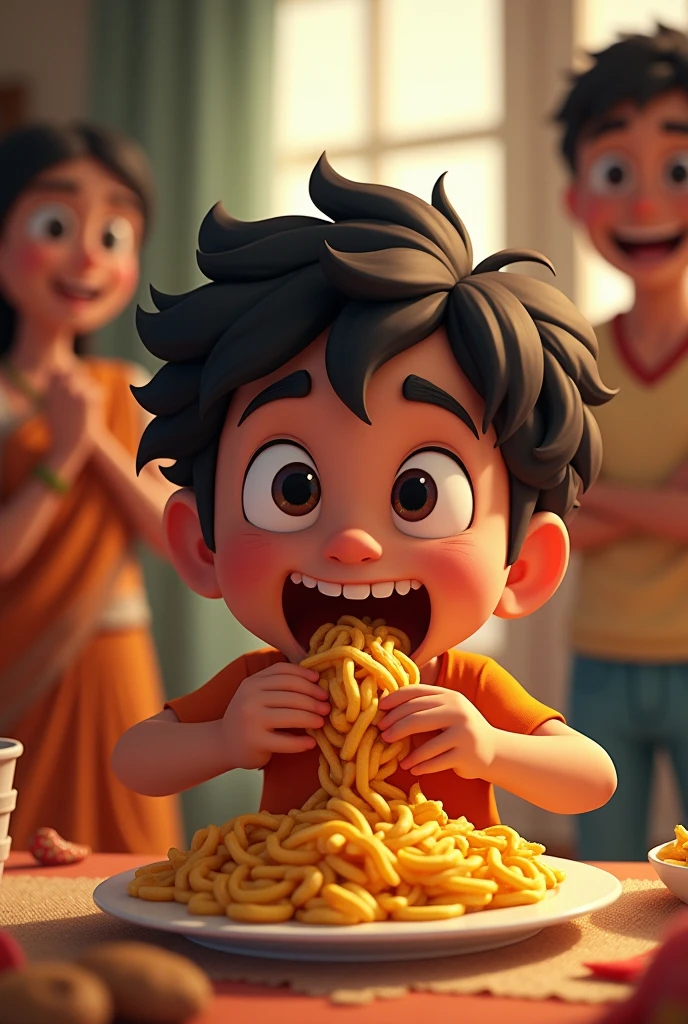 After the games,5 year old Bhima returns home and is seen devouring a large amount of food. The scene shows his enormous appetite, surprising everyone around him.
