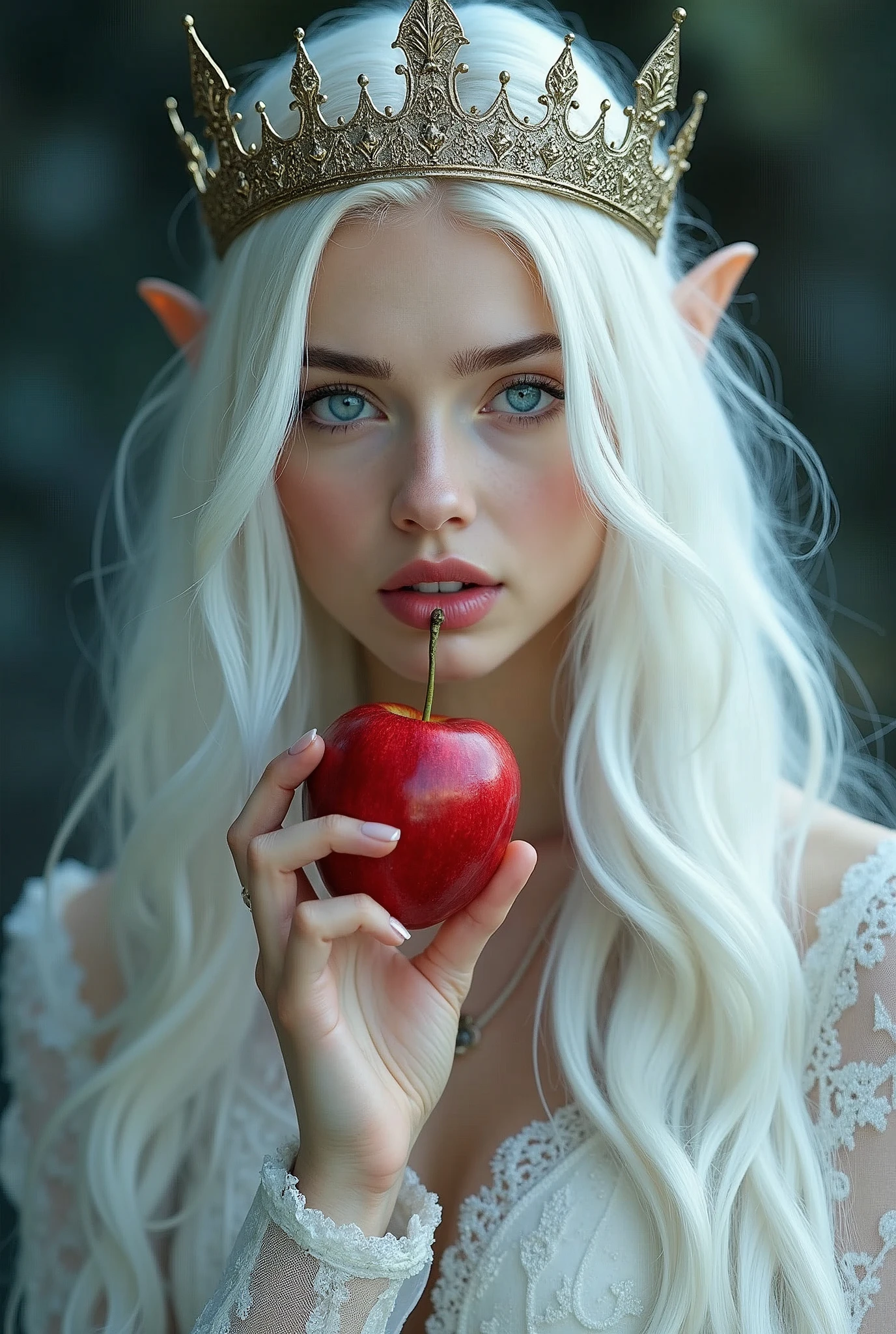 a woman with long white hair and blue eyes posing for a picture, beautiful elven princess, very beautiful elven top model, ethereal beauty, beautiful and elegant elf queen with crown and red apple she is biting, elven princess, blonde elvish empress, elf princess, ice princess, ethereal fairytale, ethereal fantasy, ice queen, of elven queen galadriel, fantasy gorgeous lighting